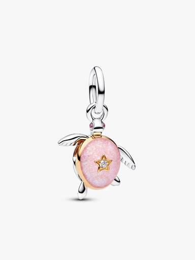 Moveable turtle sterling silver and 14k gold-plated dangle with 0.007 ct TW G-I VS+ round brilliant very good cut lab-grown diamond and pink