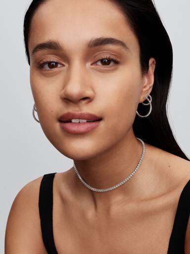 Sterling silver hoop earrings with clear cubic zirconia, 16 mm