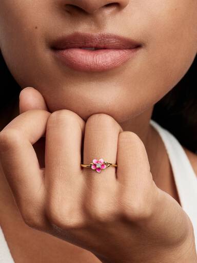 Disney Moana pink plumeria 14k gold-plated ring with clear cubic zirconia and shaded pink enamel