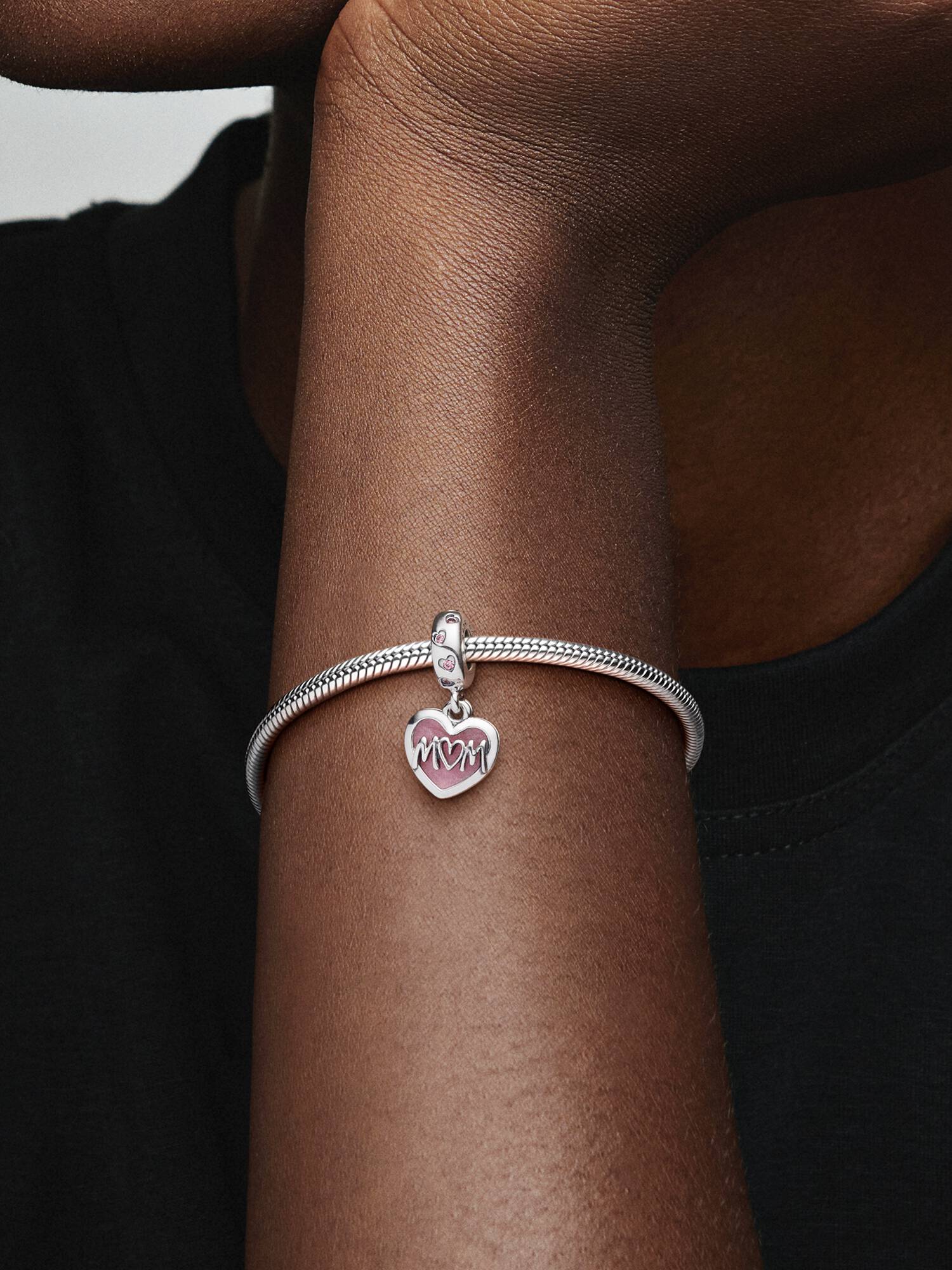 Mum sterling silver dangle with fancy fairy tale pink cubic zirconia and shaded pink enamel