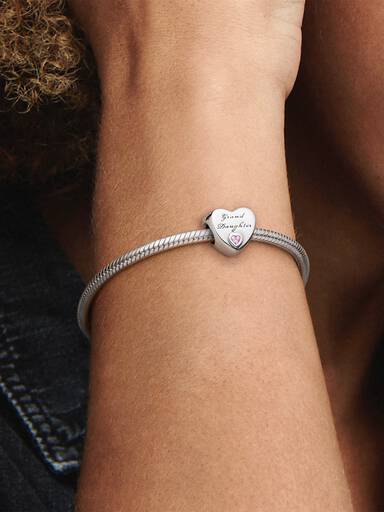 Granddaughter heart silver charm with pink cubic zirconia