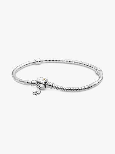 Snake chain sterling silver bracelet and daisy clasp with yellow crystal, clear cubic zirconia and white enamel