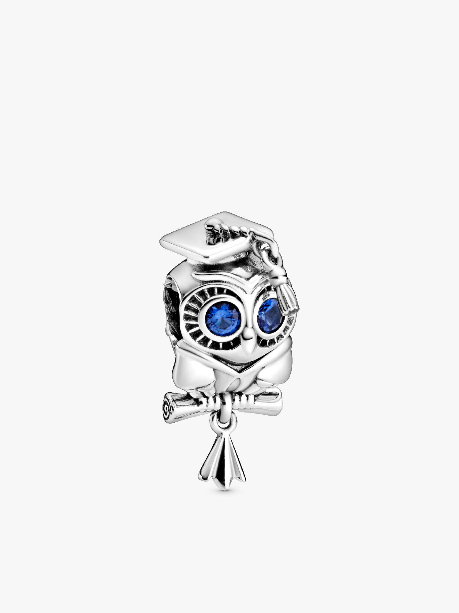 Graduation owl sterling silver charm with stellar blue crystal