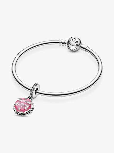 Birthday cake sterling silver dangle with clear cubic zirconia and pink enamel