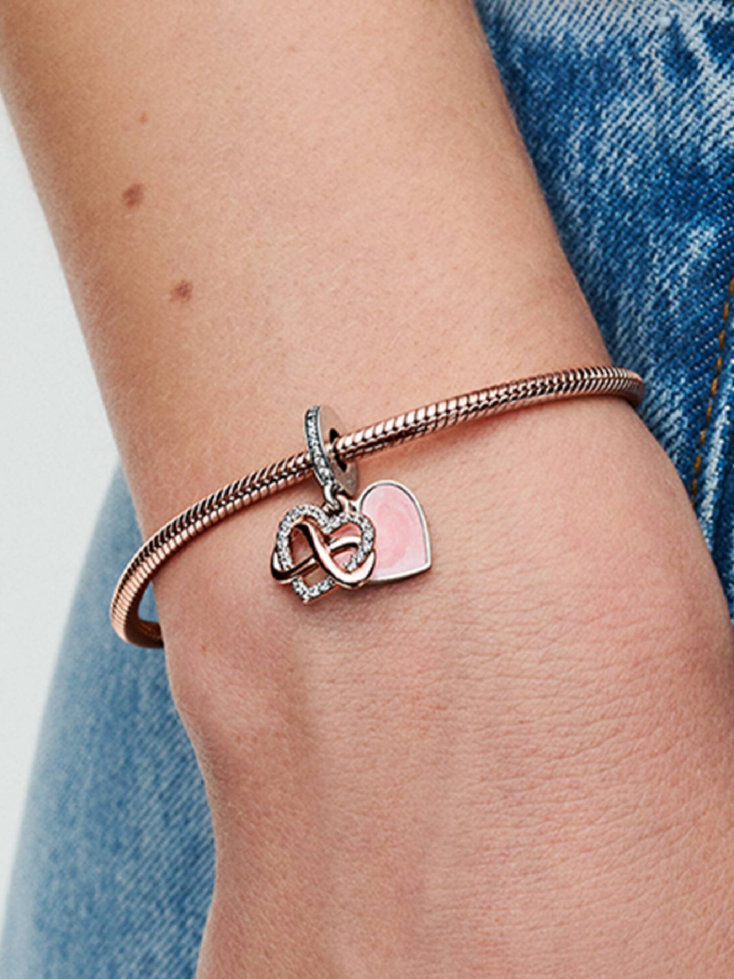 Infinity heart 14k rose gold-plated and sterling silver dangle with clear cubic zirconia and pink enamel