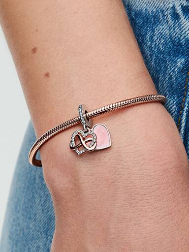 Infinity heart 14k rose gold-plated and sterling silver dangle with clear cubic zirconia and pink enamel