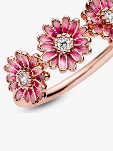Daisy 14k rose gold-plated ring with clear cubic zirconia and shaded pink enamel