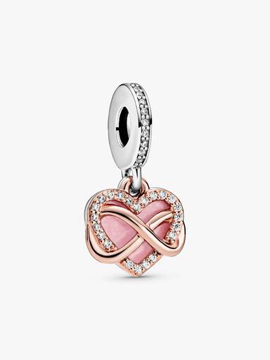 Infinity heart 14k rose gold-plated and sterling silver dangle with clear cubic zirconia and pink enamel