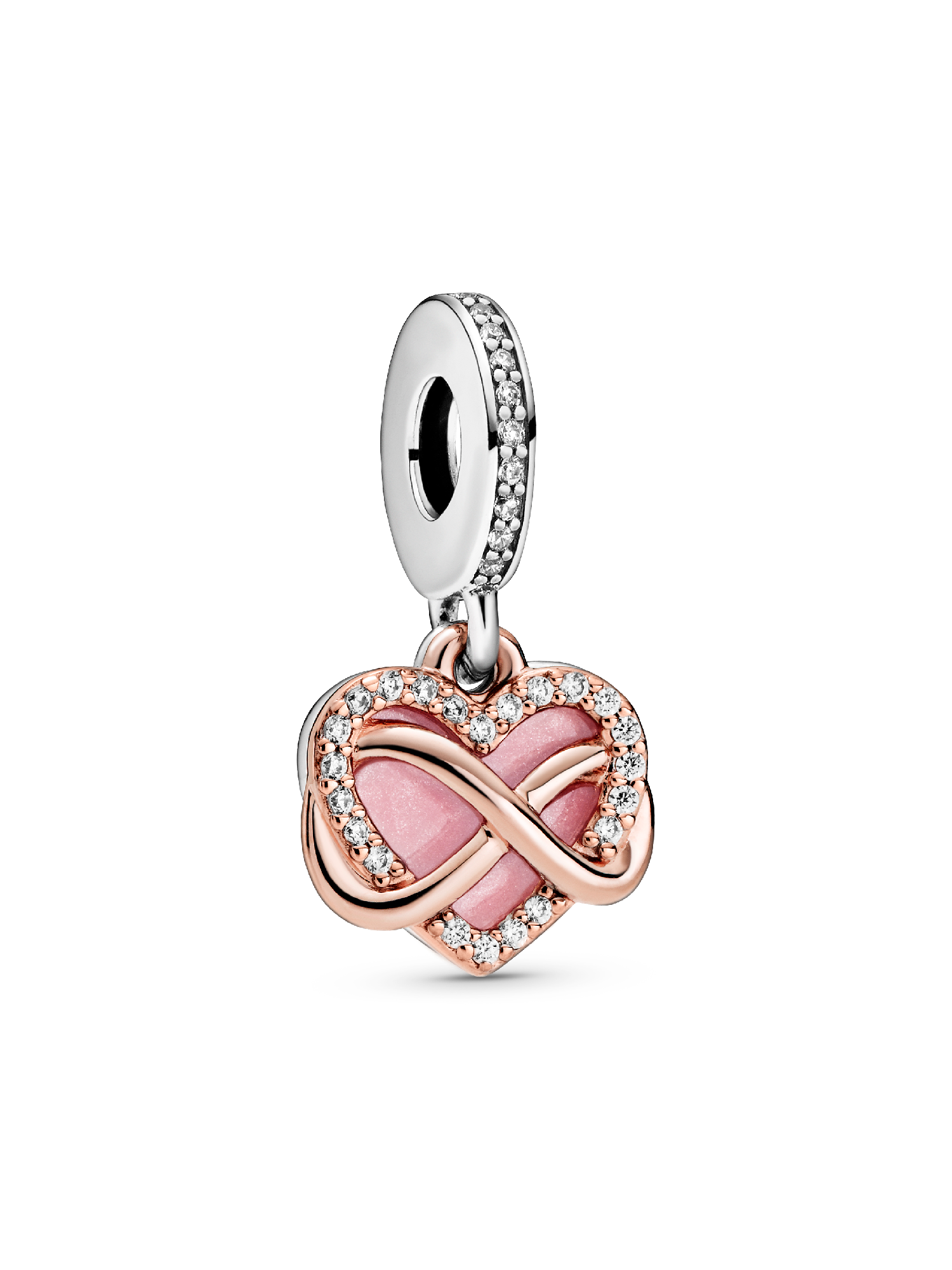 Infinity heart 14k rose gold-plated and sterling silver dangle with clear cubic zirconia and pink enamel