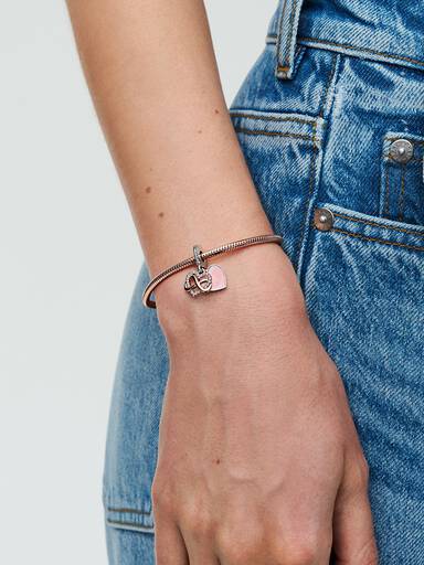 Infinity heart 14k rose gold-plated and sterling silver dangle with clear cubic zirconia and pink enamel
