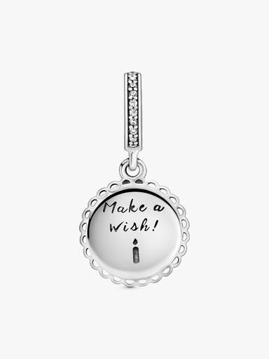 Birthday cake sterling silver dangle with clear cubic zirconia and pink enamel