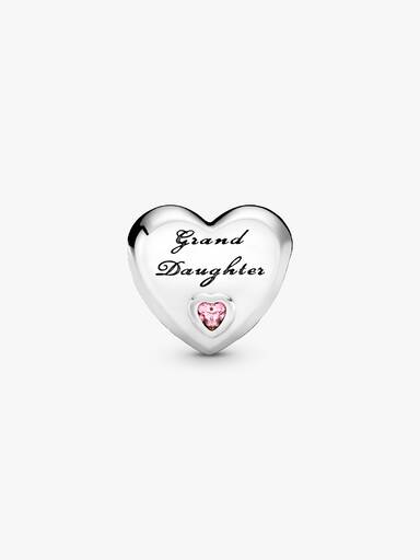 Granddaughter heart silver charm with pink cubic zirconia
