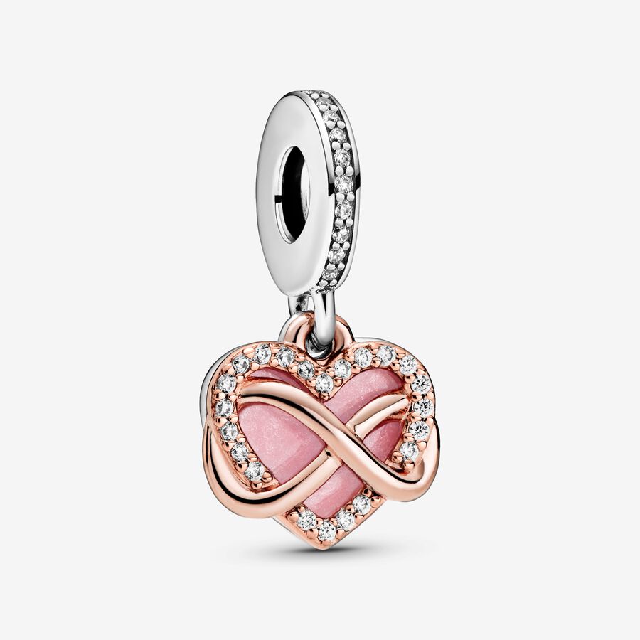 Infinity heart 14k rose gold-plated and sterling silver dangle with clear cubic zirconia and pink enamel image number 0