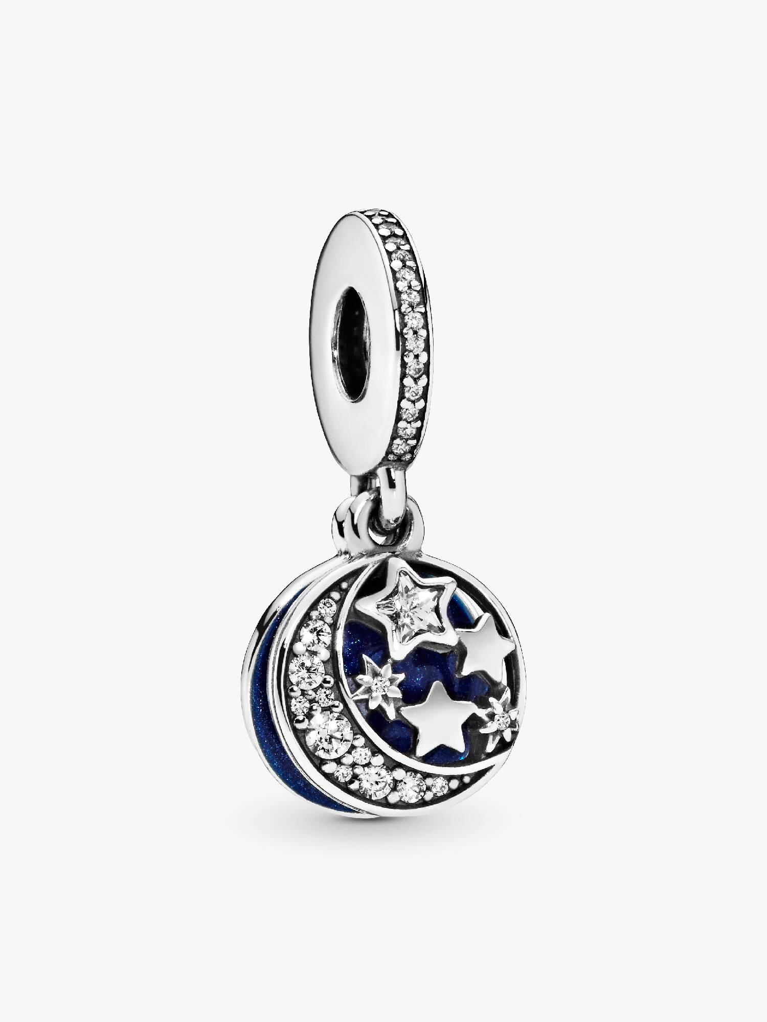 Moon and star silver dangle with clear cubic zirconia and blue enamel