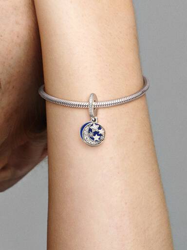 Moon and star silver dangle with clear cubic zirconia and blue enamel