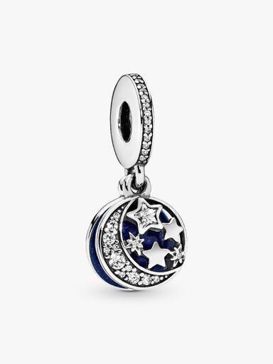 Moon and star silver dangle with clear cubic zirconia and blue enamel