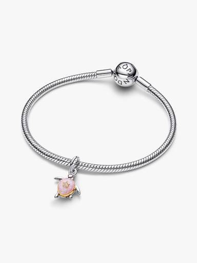 Moveable turtle sterling silver and 14k gold-plated dangle with 0.007 ct TW G-I VS+ round brilliant very good cut lab-grown diamond and pink