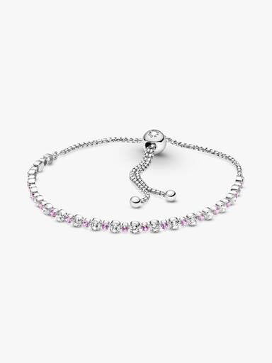 Rhodium plated sterling silver slider bracelet with clear cubic zirconia and synthetic pink sapphire
