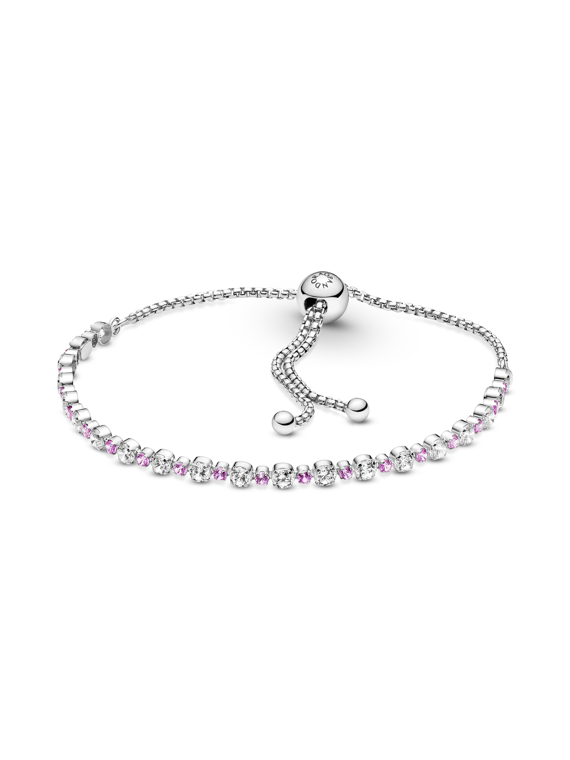 Rhodium plated sterling silver slider bracelet with clear cubic zirconia and synthetic pink sapphire